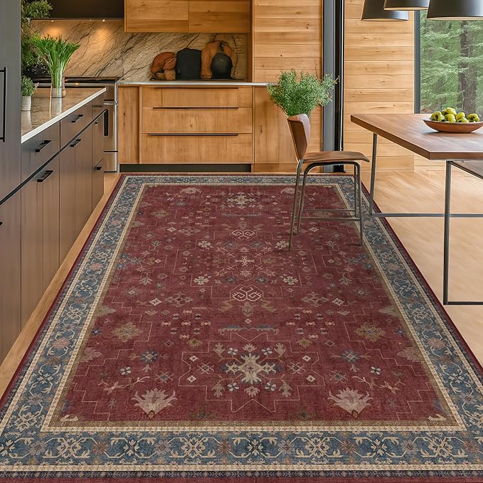 6x9 Dining Room Rugs for Under Table - Vintage Burgundy Boho Living Room Rug, Lightweight Washable Foldable Low Pile Carpet,Southwestern Bed Room Décor Aesthetic