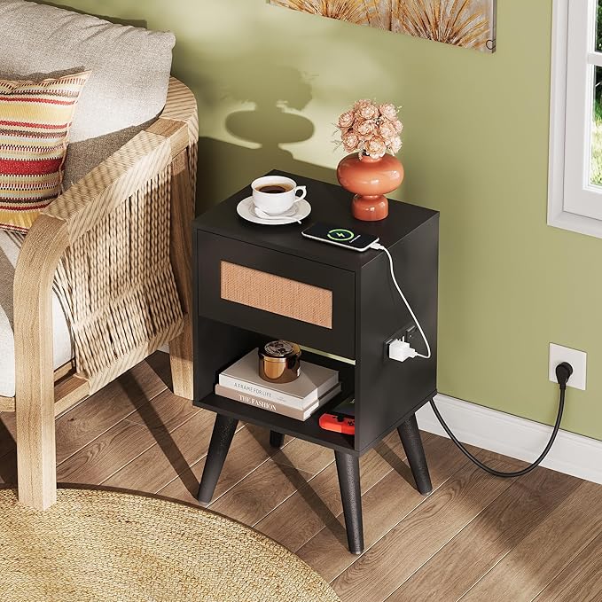 WLIVE Rattan Nightstands Set of 2 with Charging Station, Boho Nightstand, Wood Side Table, Small End Table with Drawers for Bedroom, Black