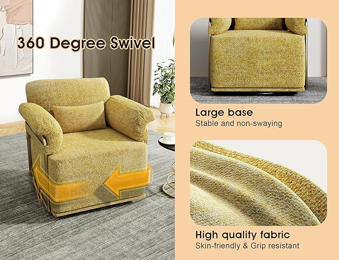 KEIKI Modern Comfy Swivel Accent Reading Chair with Waist Pillows, 360°Square Upholstered Barrel Armchair Single Club Lounge Sofa Chairs for Living Room,Bedroom,Office,Yellow