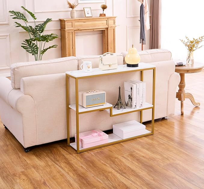 loglus Console Table for Entryway, Faux Marble MDF Sofa Table with Golden Frame (Multilayer, White Marble)