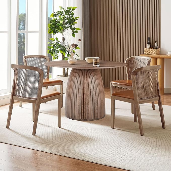Modern Wooden Mushroom-Shape Round Dining Table, Home Kitchen Furniture Diningtable Natural Wood Grain Variation Tabletop and Circular Leg for Living Space