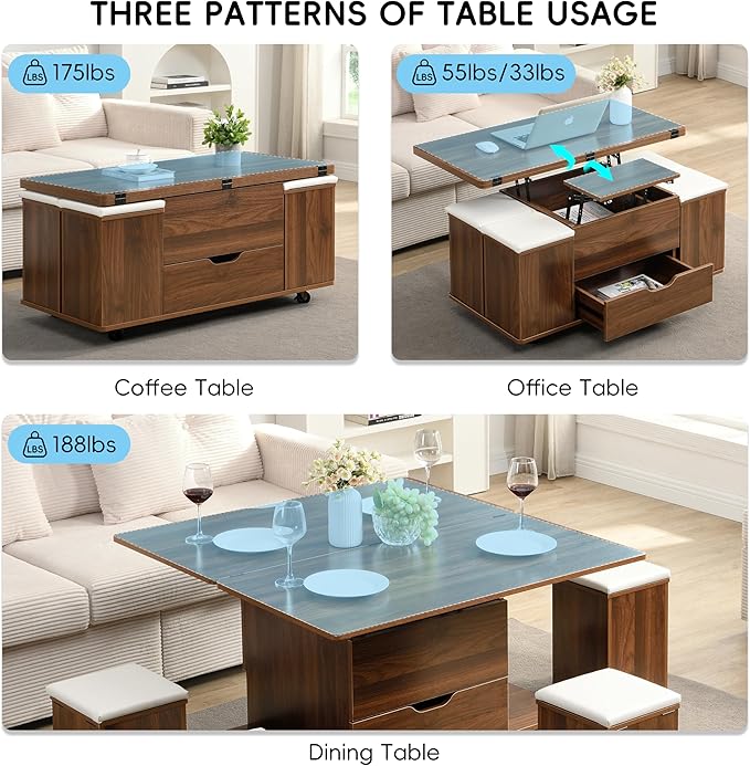 Merax Multi-Functional Lift-Top Coffee Table with Hidden Storage and Stools,Multi-Function Modern Center Table with 4 Stools and Casters,Perfect for Modern Living Spaces, Walnut & White