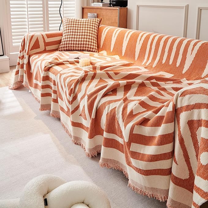 STACYPIK Thick Warm Orange Sofa Cover Armchair Slipcover Boho Geometric Couch Cover for Sectional Sofa Caramel Loveseat Cover Anti-Slip Chenille Couch Protector for 2 Cushion Couch Home Decor-71X102IN