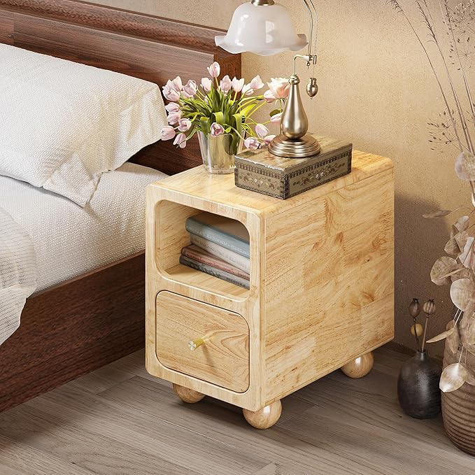 Solid Wood Night Stand, Narrow Night Stand with Drawers, Natural Mid Century Modern Nightstand, Small Beside Table with Open Storage Shelf for Bedroom (12 inch)