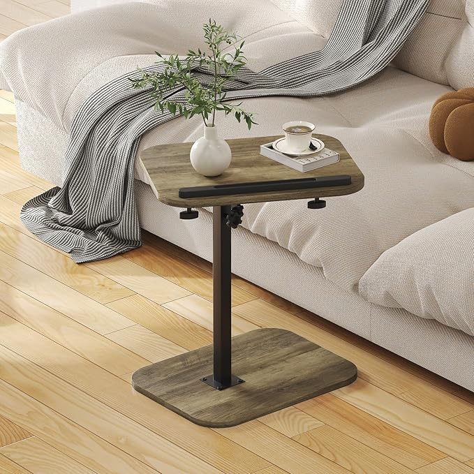 Sofa Couch Arm Table Tv Tray Small Bed Stand C Shaped Side End Tables for Living Room, Bedroom, Grey