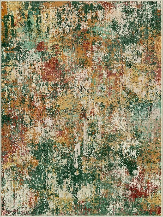 Washable Area Rugs 5'x7' Non-Slip Modern Abstract Soft for Living Room Entryway Bedroom Nursery, Print Pattern, Green Orange Rust Red Cream Colorful