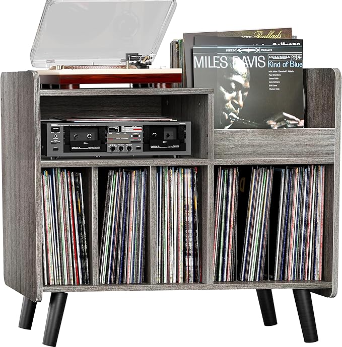 Record Player Stand, Large Record Player Table Cabinet with Open Vinyl Storage and Display Shelf Holds up to 350 Albums, Mid Century Wood Turntable for Living Room, Bedroom (Grey)