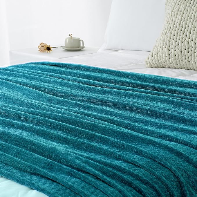 Chenille Throw Blanket for Couch 60"X 80" Twin, Soft Cozy Throws with Fringe Tassel for Bed Sofa Chair Cover, Lightweight Knitted Decorative Boho Blankets for Living Room, Teal