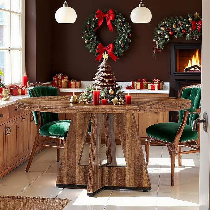 47" Round Dining Table for 4-6, Modern Dinner Table Farmhouse Round Small Kitchen Tables with Wooden Cross Base for Dining Room, Kitchen, Living Room, Vintage Brown