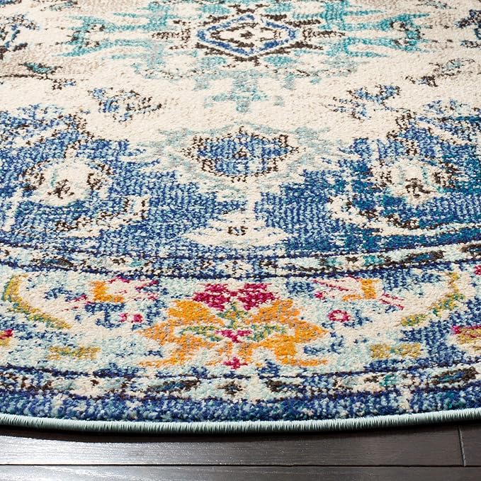 SAFAVIEH Monaco Collection Area Rug - 10' Round, Navy & Light Blue, Boho Chic Medallion Distressed Design, Non-Shedding & Easy Care, Ideal for High Traffic Areas in Living Room, Bedroom (MNC243N)