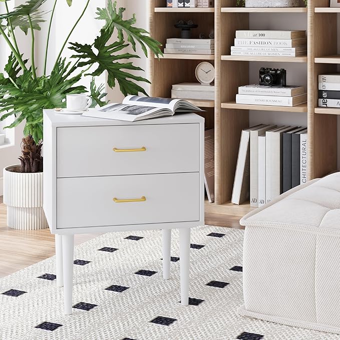 26 H White Nightstand with 2 Drawers, Small Night Stand with Gold Handles, Bedside Table with Solid Wood Legs, Tall Nightstands for Bedroom