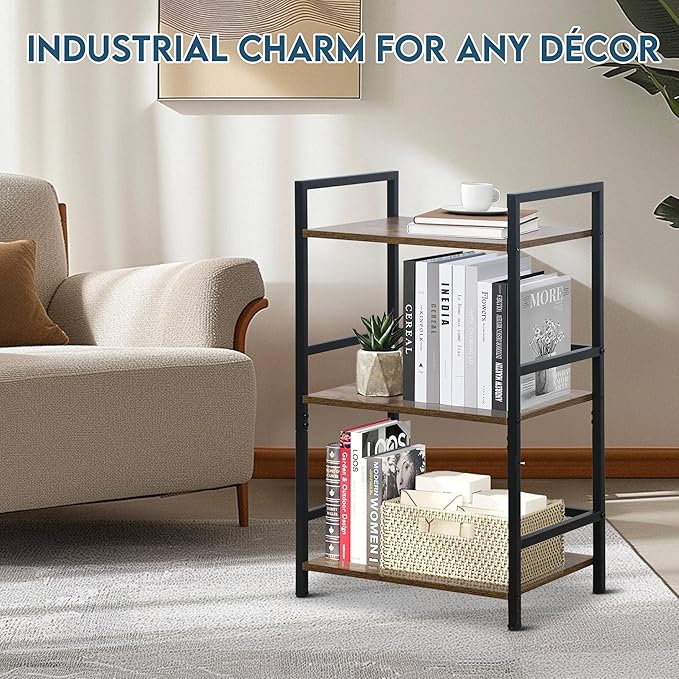 LOFTEY Book Shelf Small Bookshelf, 3 Tier Industrial Short Bookshelf, Metal Open Shelf Bookcase for Living Room, Bedroom, and Office, Rustic Brown