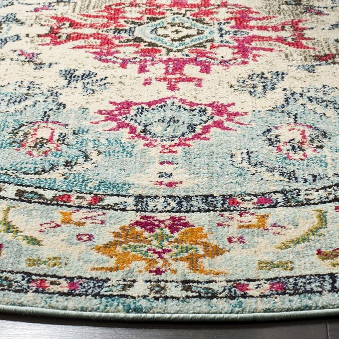 SAFAVIEH Monaco Collection Area Rug - 6'7" Round, Light Blue & Fuchsia, Boho Chic Medallion Distressed Design, Non-Shedding & Easy Care, Ideal for High Traffic Areas in Living Room, Bedroom (MNC243J)