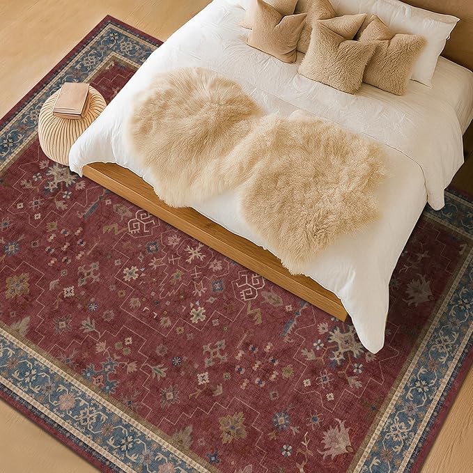 Moroccan Big Rugs for Living Room - Dark Red 10 x 14 Area Rug for Large Bedroom, Dining Room, Washable Lightweight Low Pile Foldable Oriental Burgendy Home Décor