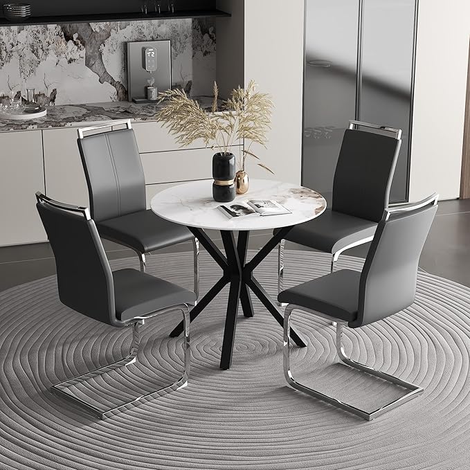 Round Faux Marble Dining Table Modern 32 Inch Kitchen Table with Black Metal Legs for Dining Room Kitchen