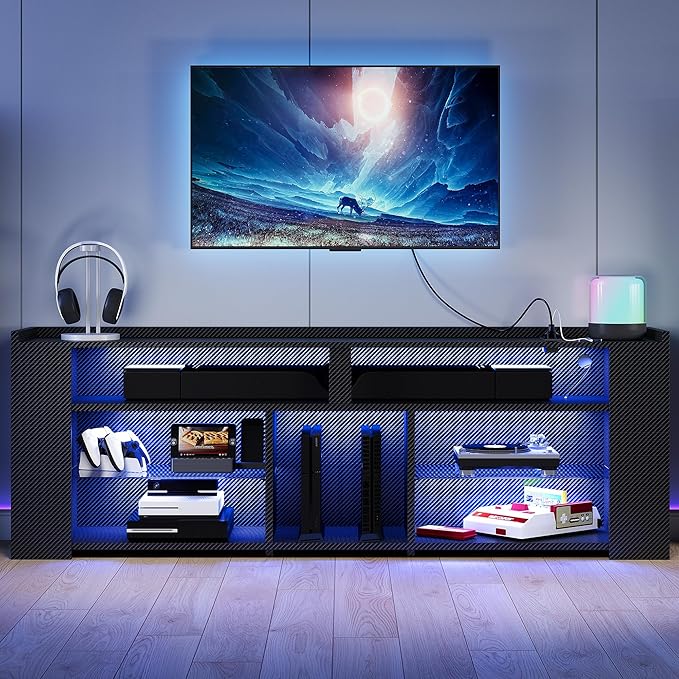 IRONCK Entertainment Center with Storage, 70.9 Inch Tall TV Stand W/Power Outlet, LED Gaming TV Cabinet for PS4, Black TV Stand with Carbon Fiber