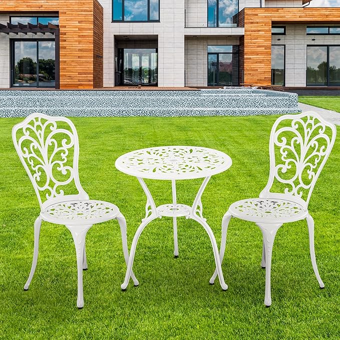 Bistro Set 3 Piece Outdoor Cast Aluminum Patio Bistro Set with Umbrella Hole, All Weather Bistro Table and Chairs Set, Small Patio Furniture Set for Garden, Porch,White