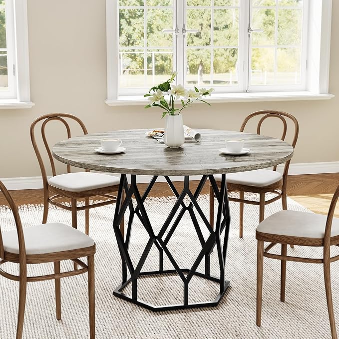 GarveeHome Round Dining Table for 4-6 People, 47 Inch Farmhouse Kitchen Table, Sturdy Metal Base, Industrial Wood Dinning Room Table for Kitchen, Grey