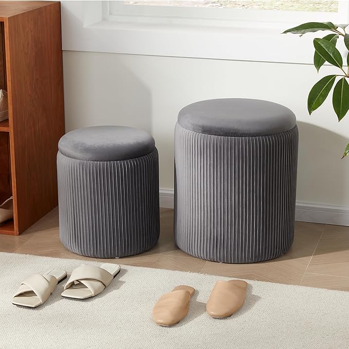 Royal Windsor Round Ottoman with Storage Set of 2,Vanity Stool with Storage for Bedroom, Ottoman Coffee Table,Small Velvet Foot Stool for Living Room,Grey