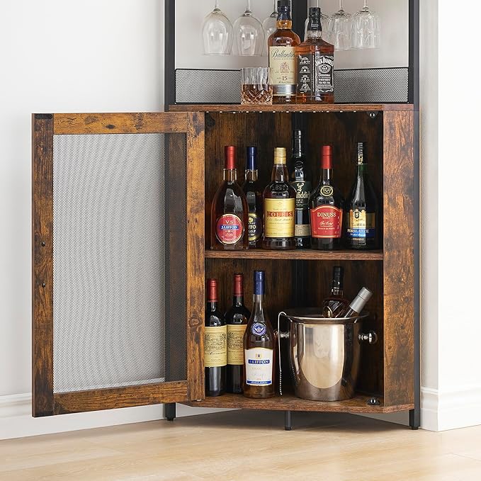 GarveeHome Corner Wine Cabinet with Detachable Wine Rack, 5-Tier Industrial Corner Bar Cabinet with Barn Door and Glass Holder, Farmhouse Buffet Cabinet and Home Bar, Rustic Brown