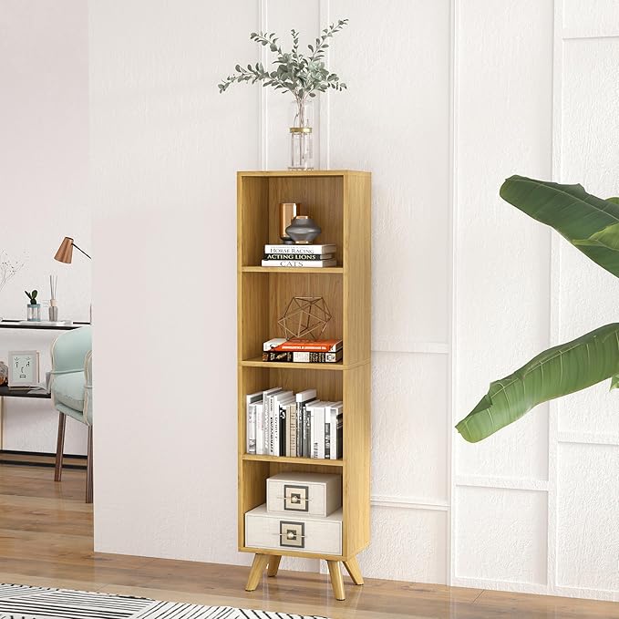 Manora Small Bookcase with 4 Open Shelves, Modern Bookshelf with Wooden Legs, Narrow Storage Organizer for Living Room, Bedroom, Office, Oak