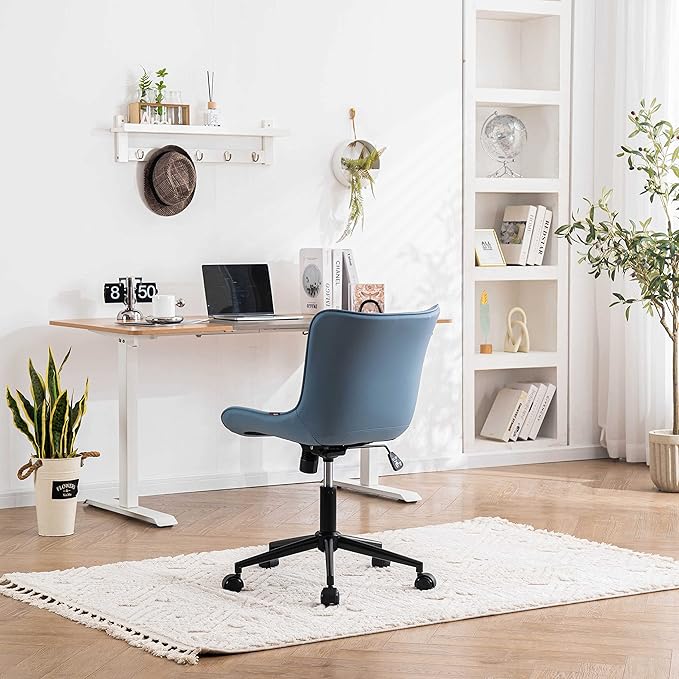 YOUNIKE Blue Home Office Desk Chair with Wheels Compact Comfy Armless Vanity Chair with Back Modern Small Leather Upholstered Rolling Task Chair Cute Computer Drafting Sewing Chair Swivel Adjustable