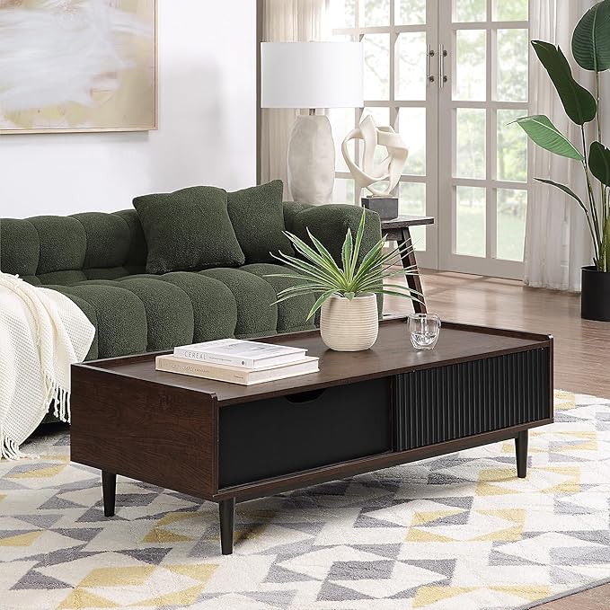 Manhattan Comfort Duane Mid Century Modern Coffee Table with Drawer & Cubby Shelf, Living Room Furniture with Ribbed Flat Design, Wood Grain Laminate Finish & Durable Iron Metal Feet, Black