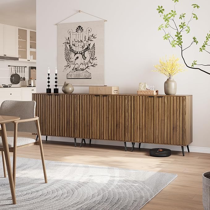 Semiocthome Walnut Buffet Cabinet with Storage, Sideboard Cabinet with Fluted Doors and Metal Legs, Storage Cabinet with Adjustable Shelf, Accent Table for Living Room, Dining Room, Kitchen, Entryway