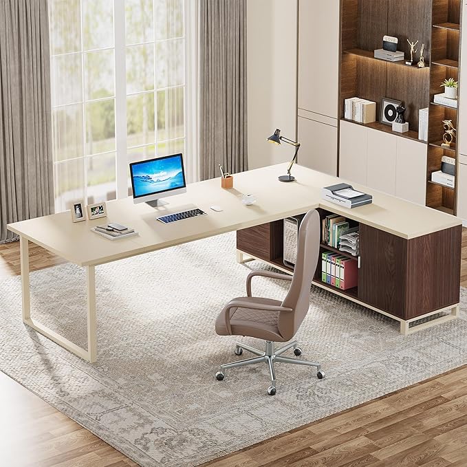 Tribesigns 70.8" Executive Desk with 55" File Cabinet, Modern L Shaped Computer Desk with Storage Shelves and Cabinet, Large L Shaped Executive Desk for Home Office, Beige & Walnut