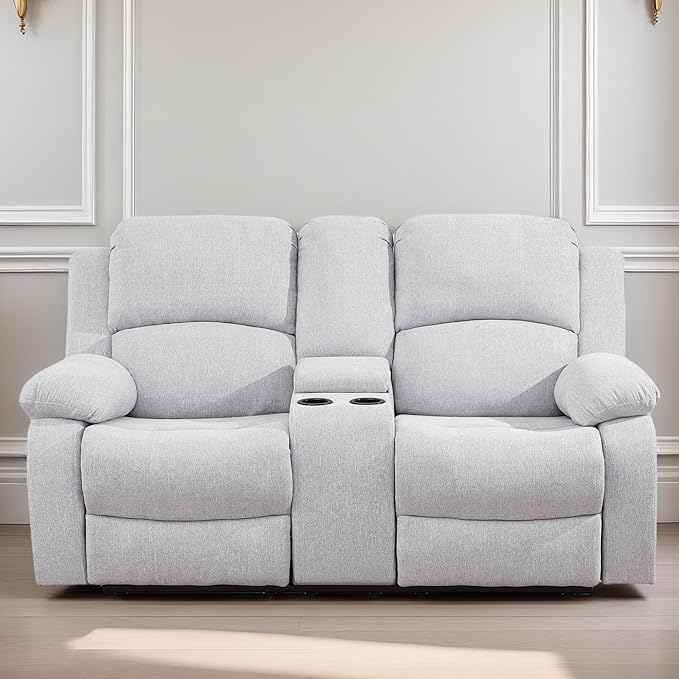Loveseat Recliner Sofa, Reclining Loveseat Couch with Storage Console, Modern Comfy Home Theater Seating Power Recliner Chair with Cup Holders for Living Room Furniture Sets, Grey White