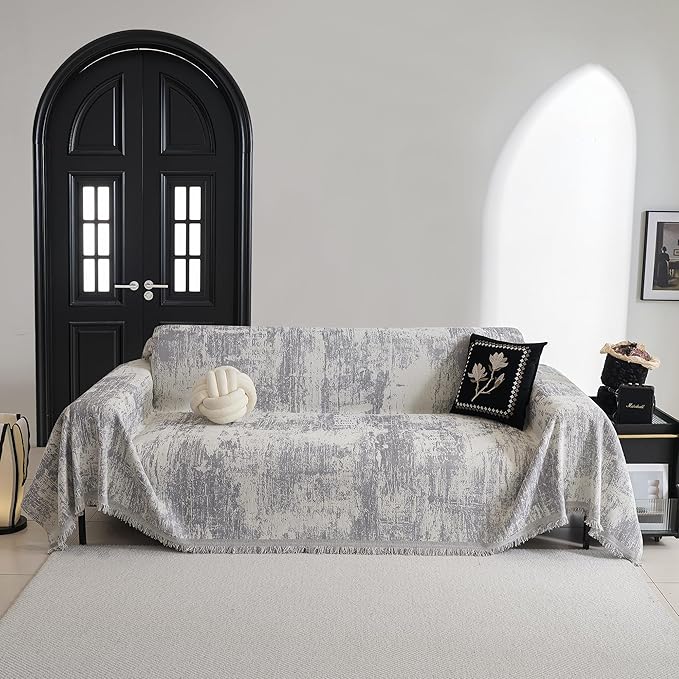 MYSKY HOME Sectional Couch Cover Sofa Covers for Sectional Sofa L Shape Chenille Couch Protector Grey Geometric for Dogs Pets Couch Throw Cover Washable Durable for Home Decor, 91" X134"