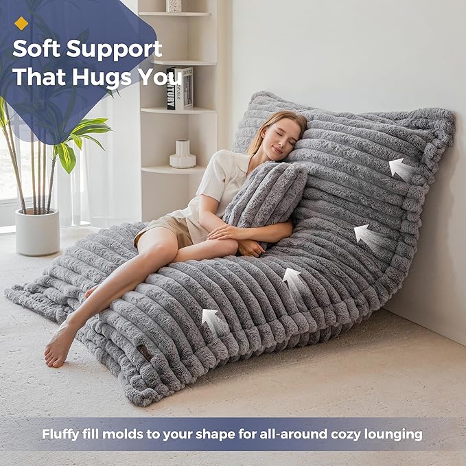 MAXYOYO Giant Bean Bag Chair with Pillow, 3 in 1 Convertible Bean Bag Chair for Adults with Washable Cover, Removable Floor Cushion Stuffed Floor Lounger for Living Room Bedroom, Grey