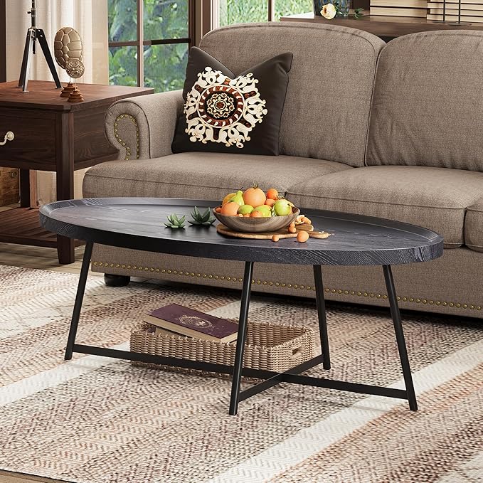 Modern Coffee Table, Oval Wood Coffee Tables Center Table with Metal Leg for Living Room, 47 Inch Table Accent Furniture (Oval Coffee Table, Black)
