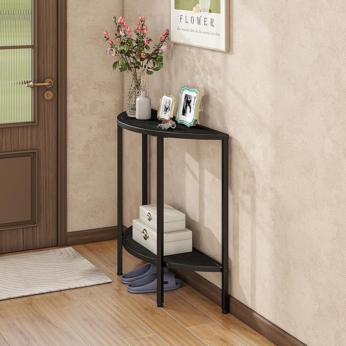 Console Table 2 Tier Narrow Entryway Table with Storage,Half Moon Sofa Couch Table with Metal Frame,Wooden Accent Side Coffee Table for Living Room/Hallway or Small Spaces,Black