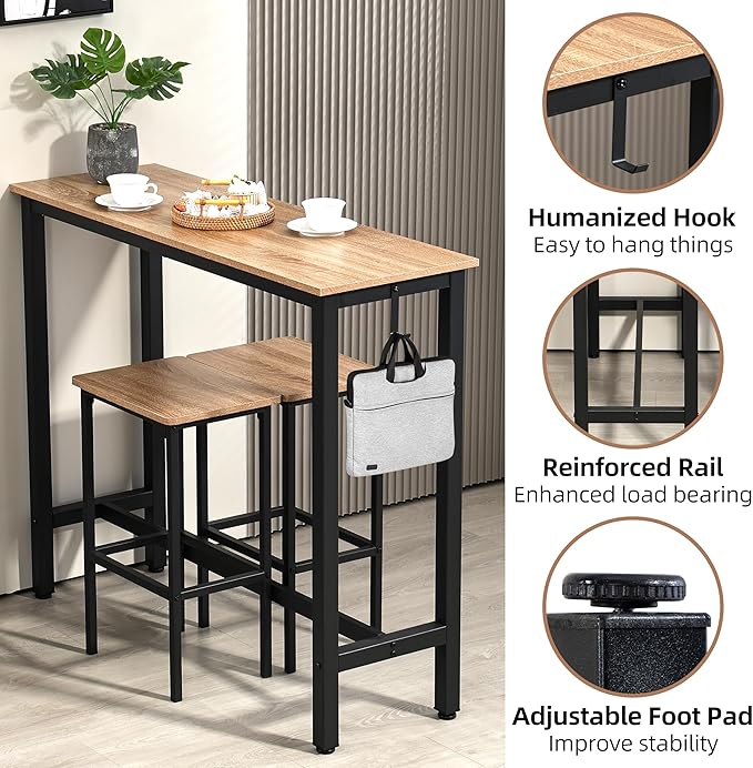 Finnhomy 47" Industrial Bar Table Set with 2 Stools - Counter Height Dining & Pub Table for Small Spaces, Kitchen, Apartment, Breakfast Nook - Metal & Wood, Space-Saving Furniture - Greige