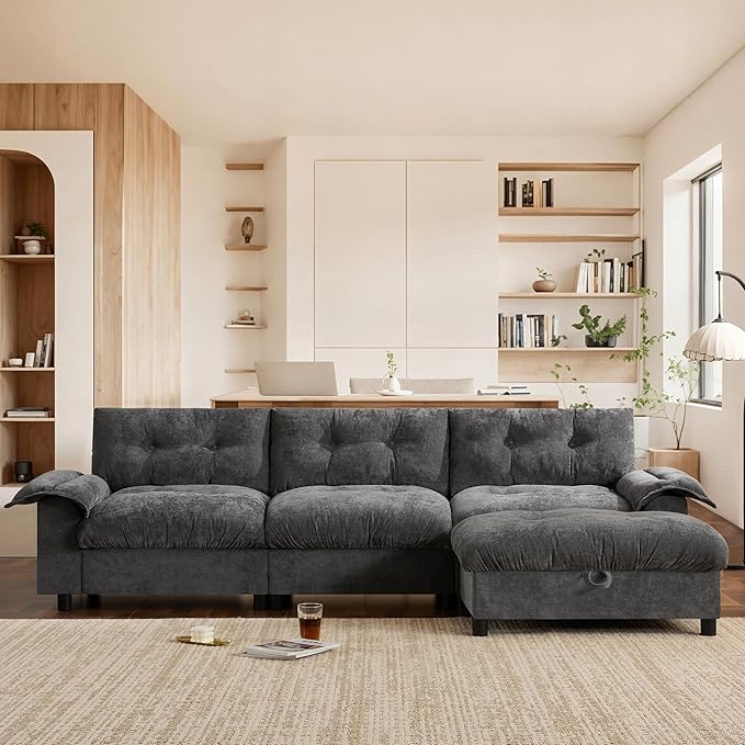 Mreax L-Shape Sectional Sofa with Movable Storage Ottoman and Multifunctional Armrest, 4 Seater Oversized Chenille Upholstered Cloud Couch for Living Room, Apartment, Unique Tufted Design, Dark Gray