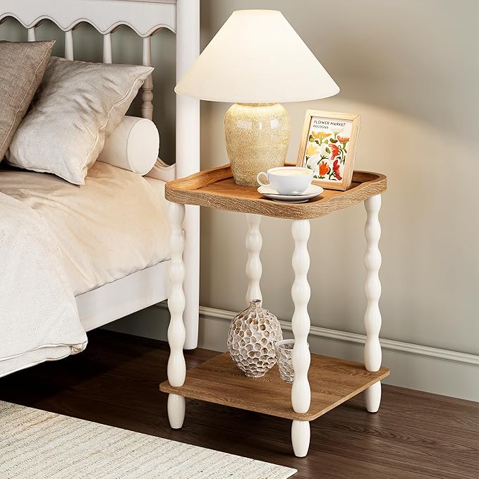 karlott End Table, 2-Tier Farmhouse Side Table, 18.9'' Handcrafted Weathered Wooden Nightstand Table, Pine Leg, Square Arc Small End Tables for Living Room, Small Space, Bedroom, Boho, Easy Assembly
