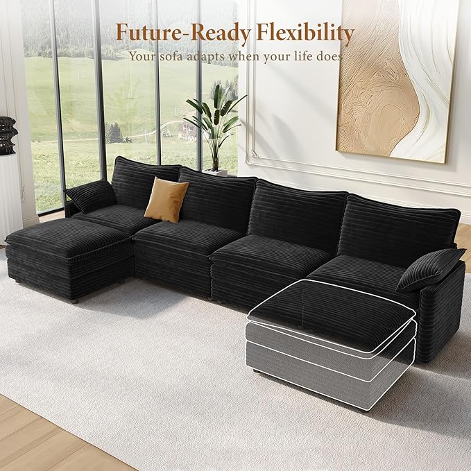 Vesgantti 142" Cloud Couch Sectional Modular Sofa, Comfy Sectional Couch with Ottoman Deep Seat Corduroy L Shaped Sofa, Modular Couches for Living Room, Bedroom and Apartment, Black