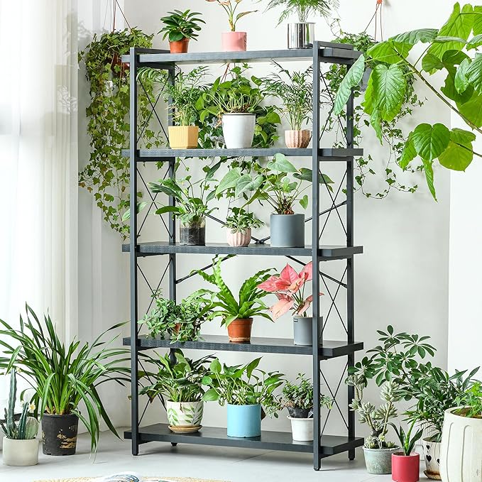 HCHQHS Bookshelf, 5-Tier Industrial Bookcase, Black Open Book Shelf, Freestanding Tall Bookshelves with Metal Frame