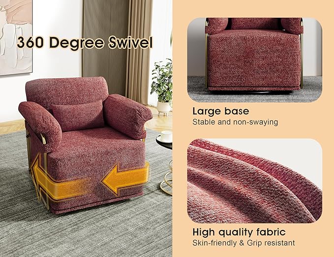 KEIKI Modern Comfy Swivel Accent Reading Chair with Waist Pillows, 360°Square Upholstered Barrel Armchair Single Club Lounge Sofa Chairs for Living Room,Bedroom,Office,DarkRed