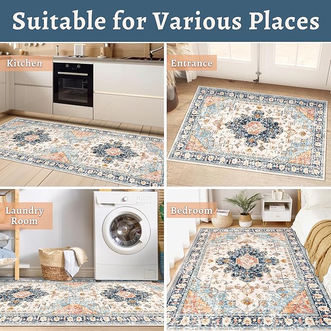 Tangsoo 2.6x8 Washable Runner Rug for Hallways, Non Slip Vintage Rug, Soft Low Pile Long Runner, Blue Carpet Runners for Kitchen Bedroom Entryway Bathroom Living Room
