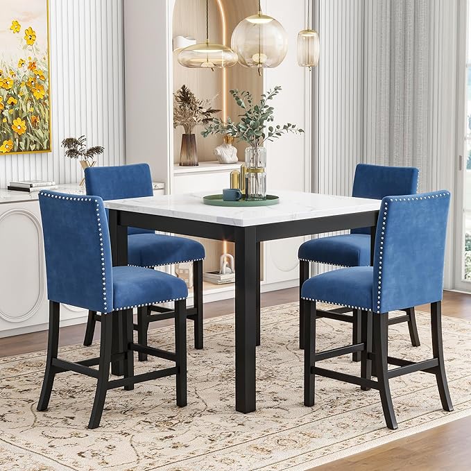 HomSof 5-Piece Counter Height Dining Table Set with One Faux Marble Top Dining Table and Four Velvet-Upholstered Chairs,Blue