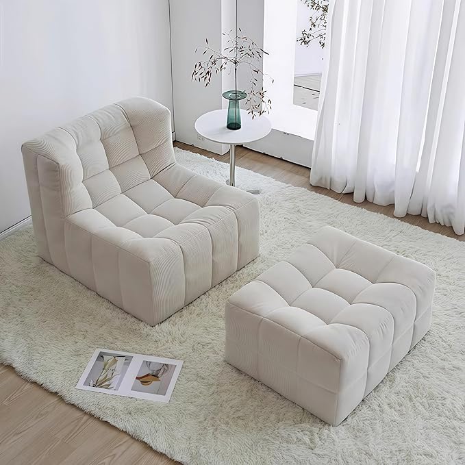 Bean Bag Chair - Memory Foam Bean Bag Chair for Adults, Comfy High-Resilience Single Sofa, Small Space Floor Chair, Chaise Lounge for Living Room, Bedroom (Beige, Square + Ottoman)