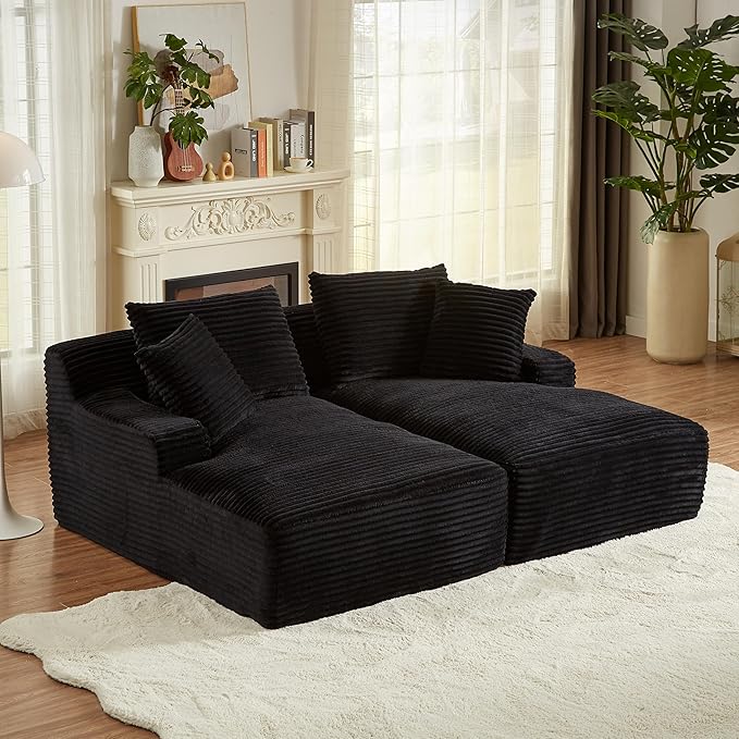 ERYE 79" Oversized Double Chaise Lounge Indoor Sleeper Recliner Sofabed with 4 Pillows, Fluffy Corduroy Loveseat Sleeper Chaise Daybed 2 Pieces Boneless Chair Sofa Bed for Living Room Bedroom Reading