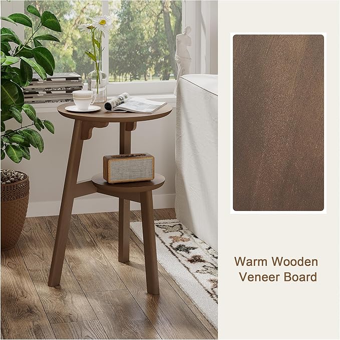 ChooChoo Round End Table Set of 2, Narrow Side Table for Small Spaces, Accent Table Night Stand with 2 Tier Shelf for Bedroom and Living Room, Walnut