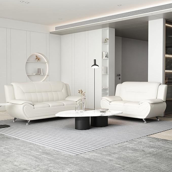 Container Furniture Direct Michael Modern Faux Leather Upholstered Stainless Steel Legs Living Room Loveseat, Milky White