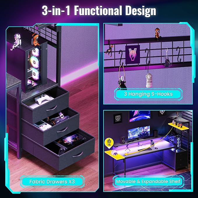 PRAISUN 68" Gaming Desk with LED Lights & Outlets, Computer Desk with 3 Fabric Drawers, PC Desk with PC Case Stand & Movable Storage Shelves, Monitor Stand, Reversible, Carbon Fiber Black