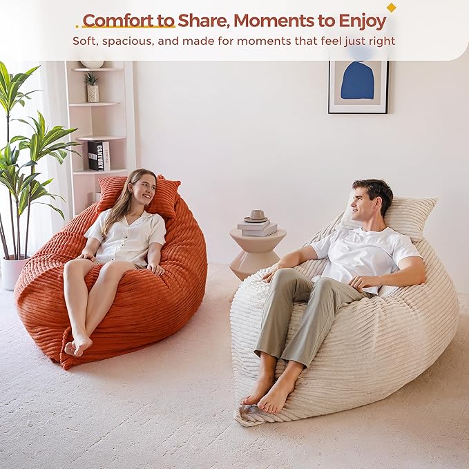 MAXYOYO Giant Bean Bag Chair with Pillow, 3 in 1 Convertible Bean Bag Chair for Adults with Washable Cover, Removable Floor Cushion Stuffed Floor Lounger for Living Room Bedroom, Orange, Full