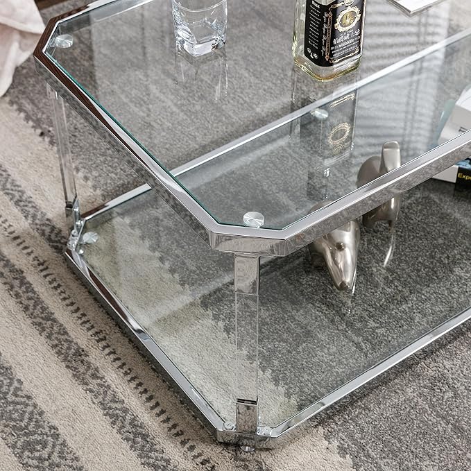 Glass Top Coffee Table, Sliver Rectangle Coffee Table Glass Top with 2 Tiers, Acrylic Leg, Chrome Frame, Modern Center Table for Living Room