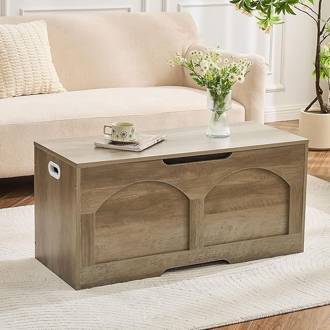 Storage Chest Bench, 31.5" Retro Storage Trunk Chest, Entryway Bench Supports 330 lb, Upgraded Safety Lift Support Hinge, Entryway Bench, U-Shaped Opening for Entryway Living Room, Greige